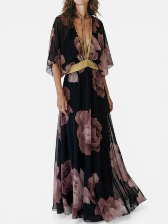 Jasmine Dresses & Skirts - Jasmine Floral Chiffon Maxi Dress Black Pink Gold Empire Waist Size S